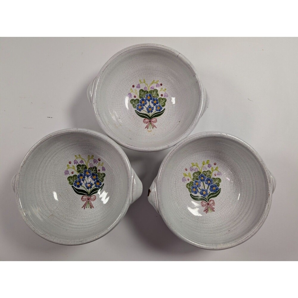 Set 3 Vintage MM Portugal Redware Art Pottery Soup Bowls Hand Painted 6"